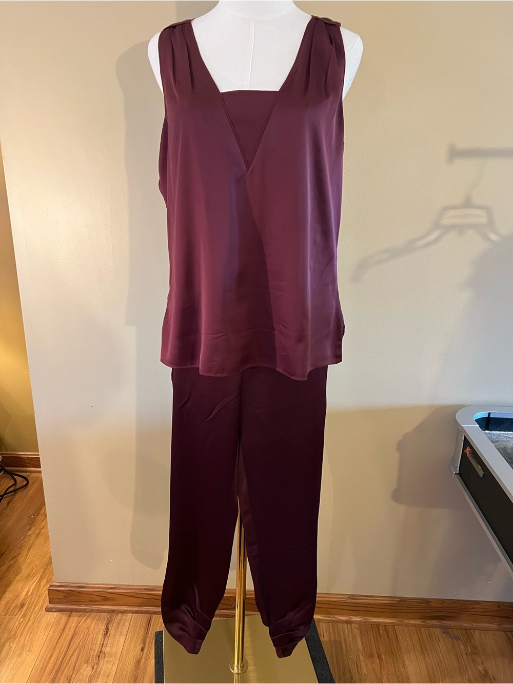 White House Black Market Sleeveless V-Neck Jumpsuit in Burgundy